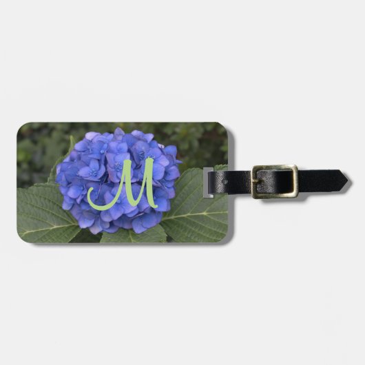 Green Monogram Blue Hydrangea Floral ラゲッジタグ (正面横)