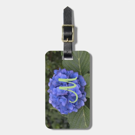 Green Monogram Blue Hydrangea Floral ラゲッジタグ (正面縦)