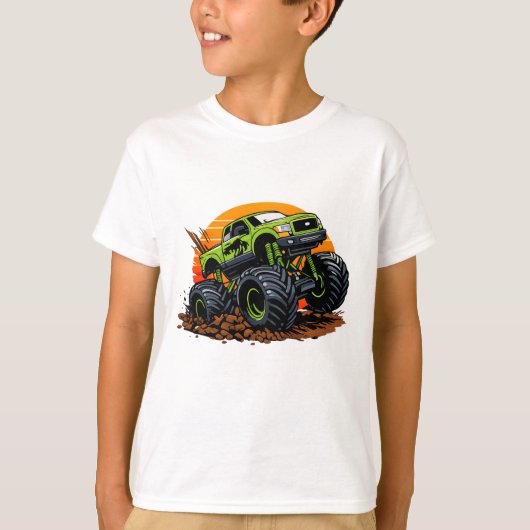 Green Monster Truck Off-Road Racing Illustration Tシャツ (正面)