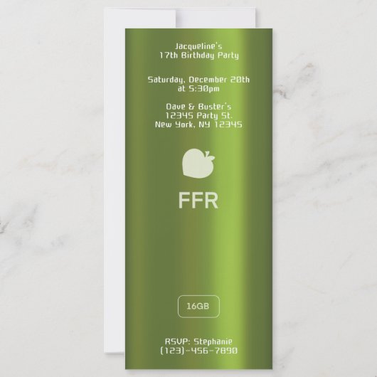 Green MP3 Music Player II Birthday 招待状 (裏面)