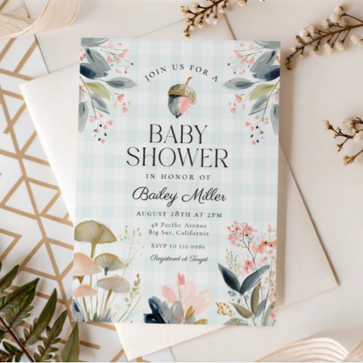 Green Mushroom Woodland Baby Shower 招待状