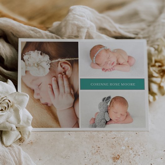 Green Muted Gray Chic Photo Baby Announcement Card 招待状