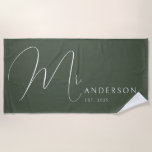 Green Newlyweds Mr Name Personalized Honeymoon ビーチタオル<br><div class="desc">Celebrate your love in style with this personalized beach towel for adults, featuring the newlyweds' names in an elegant, modern design. Perfect for a honeymoon beach trip, anniversary getaway, or romantic vacation, this soft and vibrant towel is a must-have for couples who love to travel together. Designed with a dark...</div>