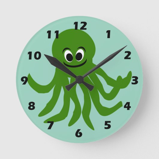Green Octopus Design ラウンド壁時計 (正面)
