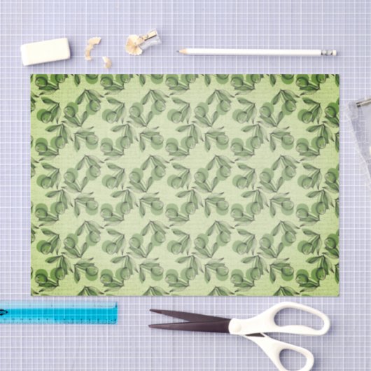 Green Olive & Leaf Pattern On Light Green 薄葉紙 (クラフト)