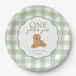 Green One Golden Year Goldendoodle 1st Birthday ペーパープレート