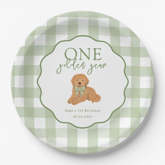 Green One Golden Year Goldendoodle 1st Birthday ペーパープレート (正面)