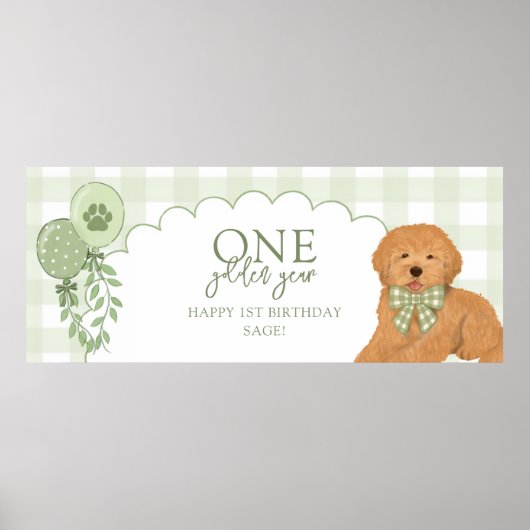 Green One Golden Year Goldendoodle Puppy Birthday ポスター (正面)