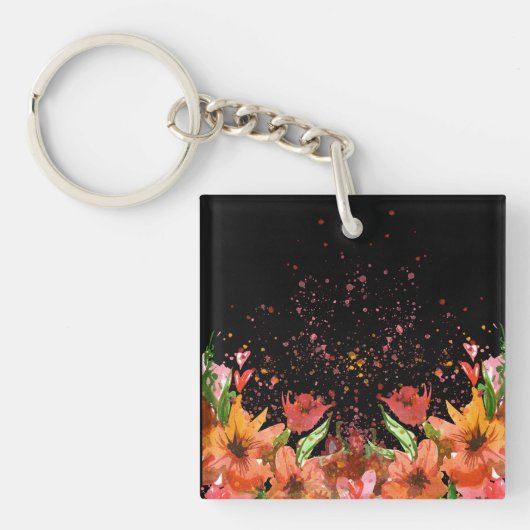 Green & Orange Modern Abstract Floral キーホルダー (正面)