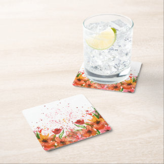 Green & Orange Modern Abstract Floral スクエアペーパーコースター