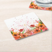 Green & Orange Modern Abstract Floral スクエアペーパーコースター (アングル)