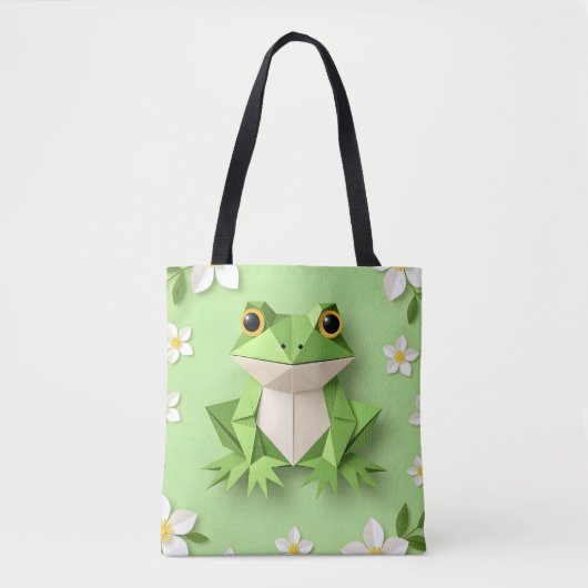 Green Origami Frog Tote Bag – Cute Nature-Inspired トートバッグ (正面)