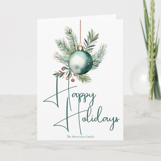 Green Ornament Trendy Happy Holidays Script シーズンカード (正面)