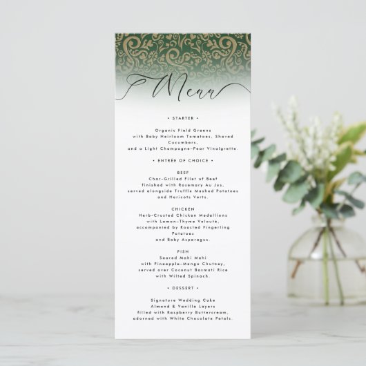 Green Ornate Damask Wedding Menu Card メニュー (スタンド正面)