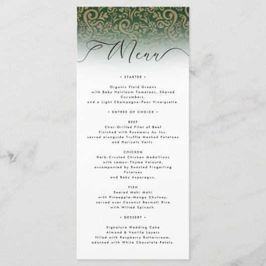 Green Ornate Damask Wedding Menu Card メニュー (正面)