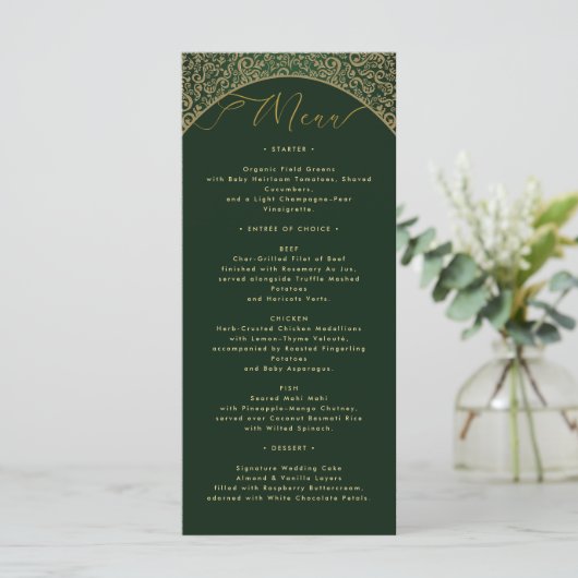 Green Ornate Damask Wedding Menu Card メニュー (スタンド正面)