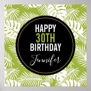 Green Palm Leaves Rainforest Pattern Birthday ポスター