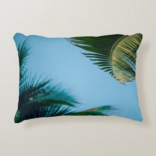 Green palm tree under blue sky in the morning アクセントクッション (正面)