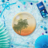 Green Palm Trees Orange Sunset Tropical Birthday ペーパープレート (パーティー)