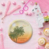 Green Palm Trees Orange Sunset Tropical Birthday ペーパープレート (パーティー)