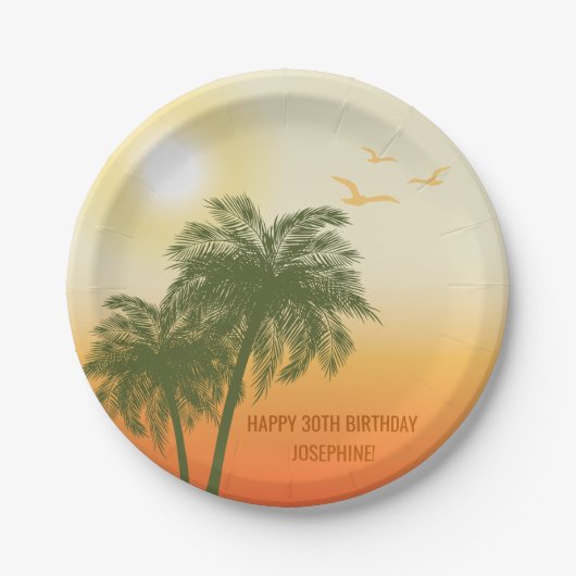 Green Palm Trees Orange Sunset Tropical Birthday ペーパープレート (正面)
