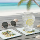 Green palm trees with coconuts water color tropics ガラスコースター