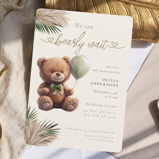 Green Pampas We can Bearly Wait Neutral Baby 招待状