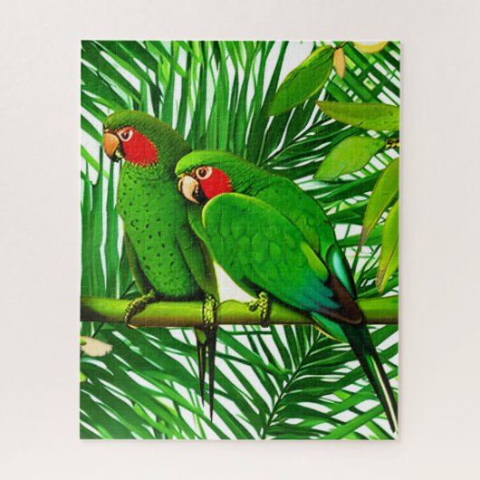 Green Parrot Couple in a Jungle Setting ジグソーパズル (縦)