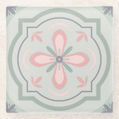 Green Pastel Floral Tiles ガラスコースター (正面)