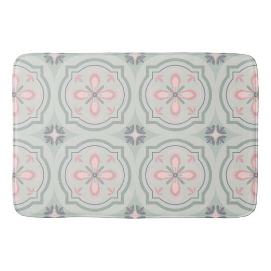 Green Pastel Floral Tiles バスマット (正面)