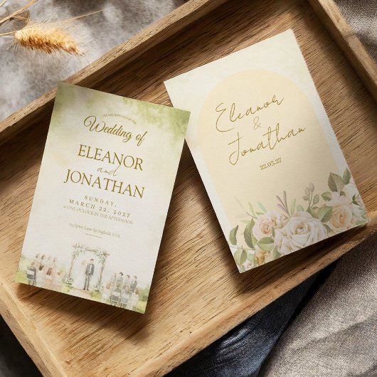 Green Pastel Floral Watercolor Outdoor Wedding 招待状