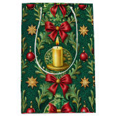 Green Pattern Gold Candle Poinsettia Flower ミディアムペーパーバッグ (正面)
