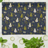 Green Pear Watercolor Pattern on Dark Blue  キッチンタオル (折り畳み)