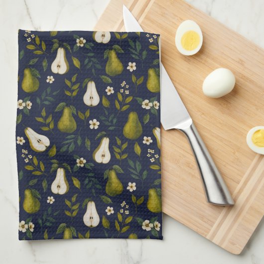 Green Pear Watercolor Pattern on Dark Blue  キッチンタオル (四つ折り)