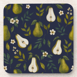 Green Pear Watercolor Pattern on Dark Blue  コースター