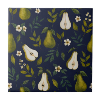 Green Pear Watercolor Pattern on Dark Blue  タイル