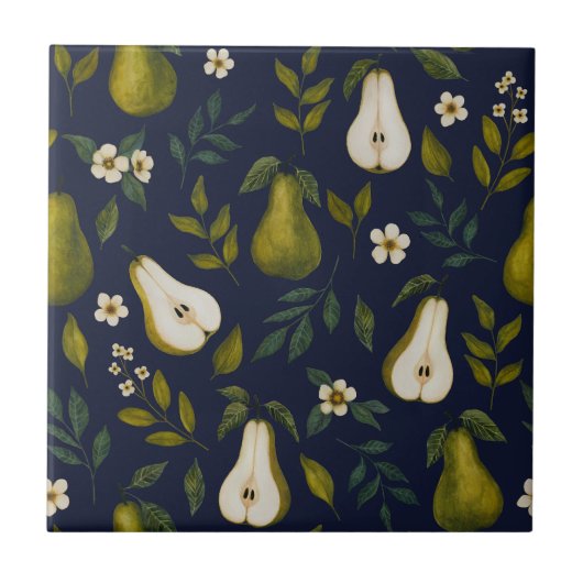 Green Pear Watercolor Pattern on Dark Blue タイル (正面)