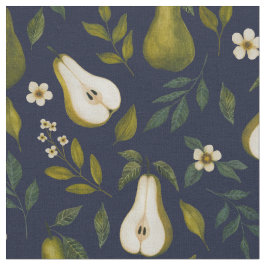 Green Pear Watercolor Pattern on Dark Blue  ファブリック