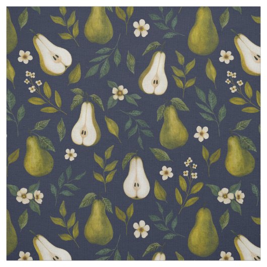 Green Pear Watercolor Pattern on Dark Blue  ファブリック (見本)