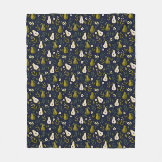 Green Pear Watercolor Pattern on Dark Blue  フリースブランケット (正面)