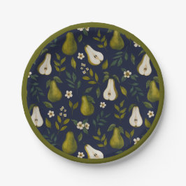 Green Pear Watercolor Pattern on Dark Blue  ペーパープレート