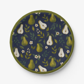 Green Pear Watercolor Pattern on Dark Blue  ペーパープレート