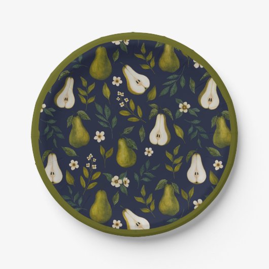 Green Pear Watercolor Pattern on Dark Blue ペーパープレート (正面)
