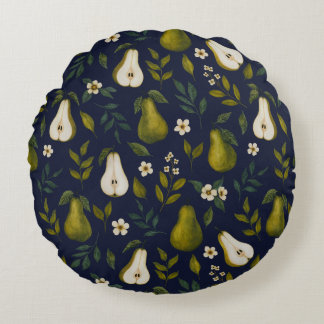 Green Pear Watercolor Pattern on Dark Blue  ラウンドクッション