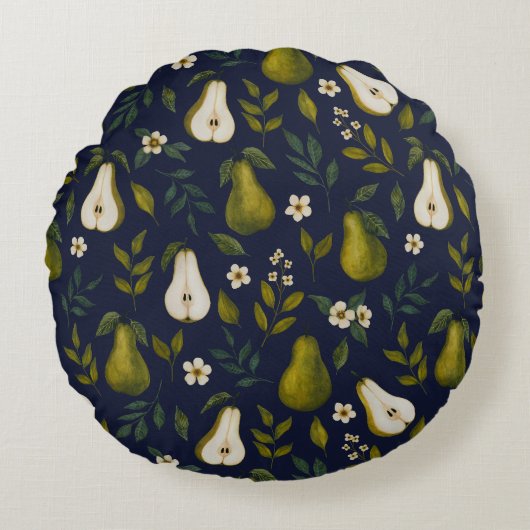 Green Pear Watercolor Pattern on Dark Blue ラウンドクッション (正面)
