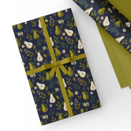 Green Pear Watercolor Pattern on Dark Blue  ラッピングペーパー