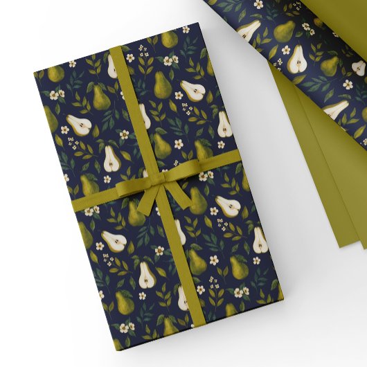 Green Pear Watercolor Pattern on Dark Blue  ラッピングペーパー