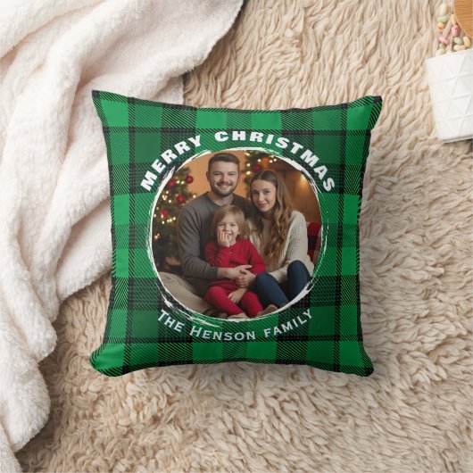 Green Personalized Family Photo Plaid Pattern  クッション (ブランケット)