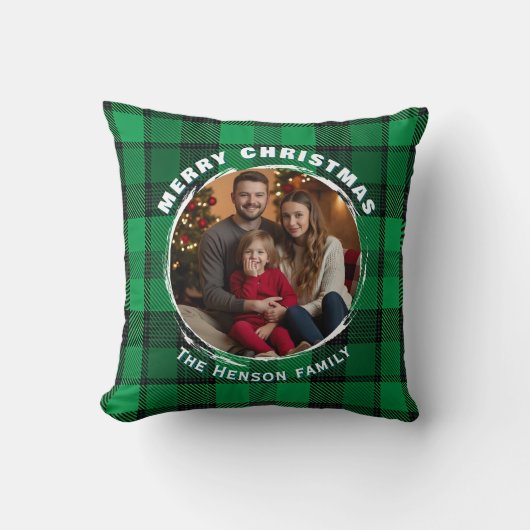 Green Personalized Family Photo Plaid Pattern  クッション (正面)