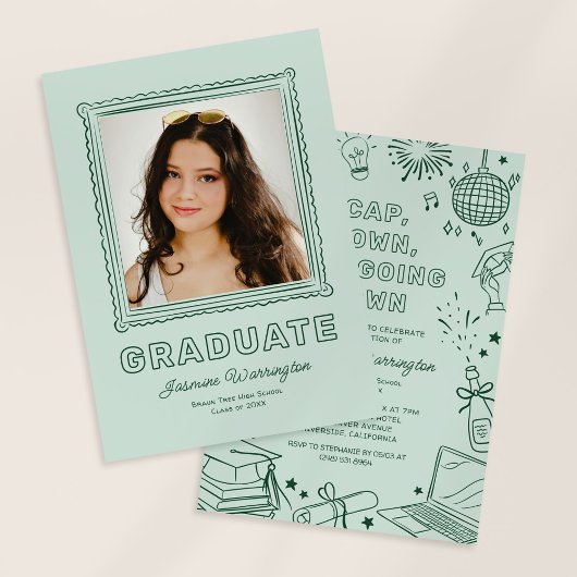 Green Photo Doodle Graduation Invite Announcement 招待状